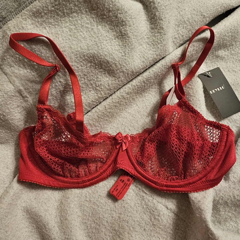 Deyllo Lace Balconette Bra See Through Demi Unlined Mesh Sheer Underwire Red 34B